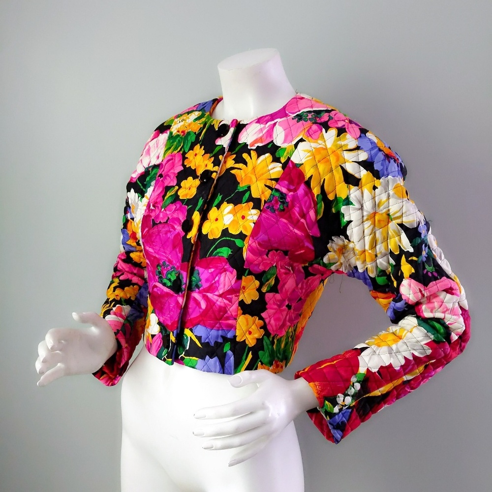 Vtg Carolyn Roehm Floral Cropped Quilted Blazer S View 3